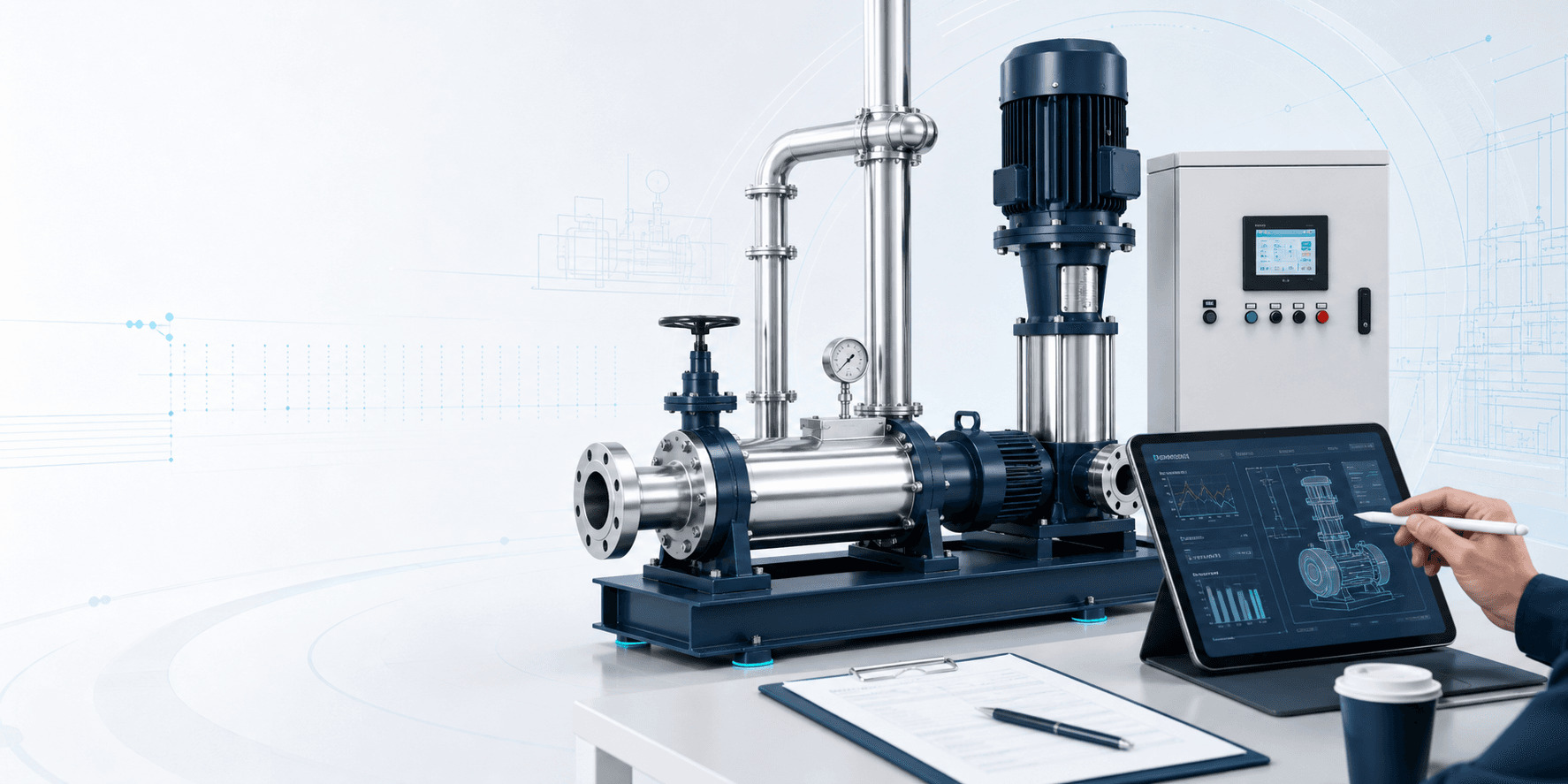 Industrial pump technical support setup with tablet, control panel, and pump system