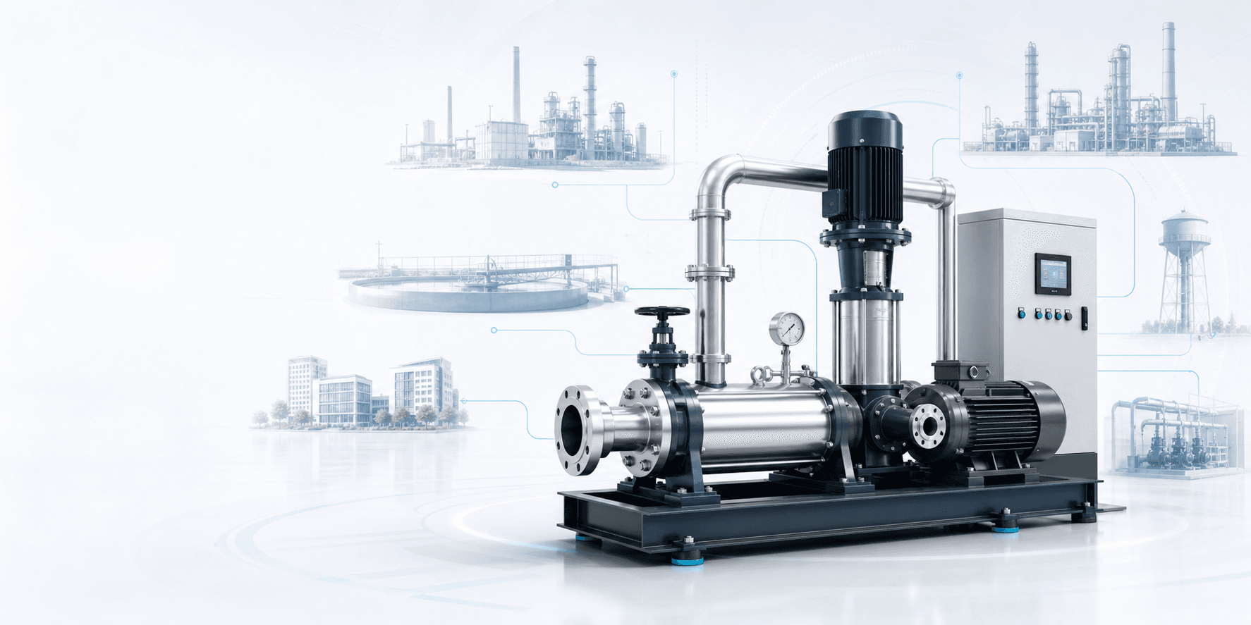 Industrial pump package connected to manufacturing, water, building, and process industry visuals