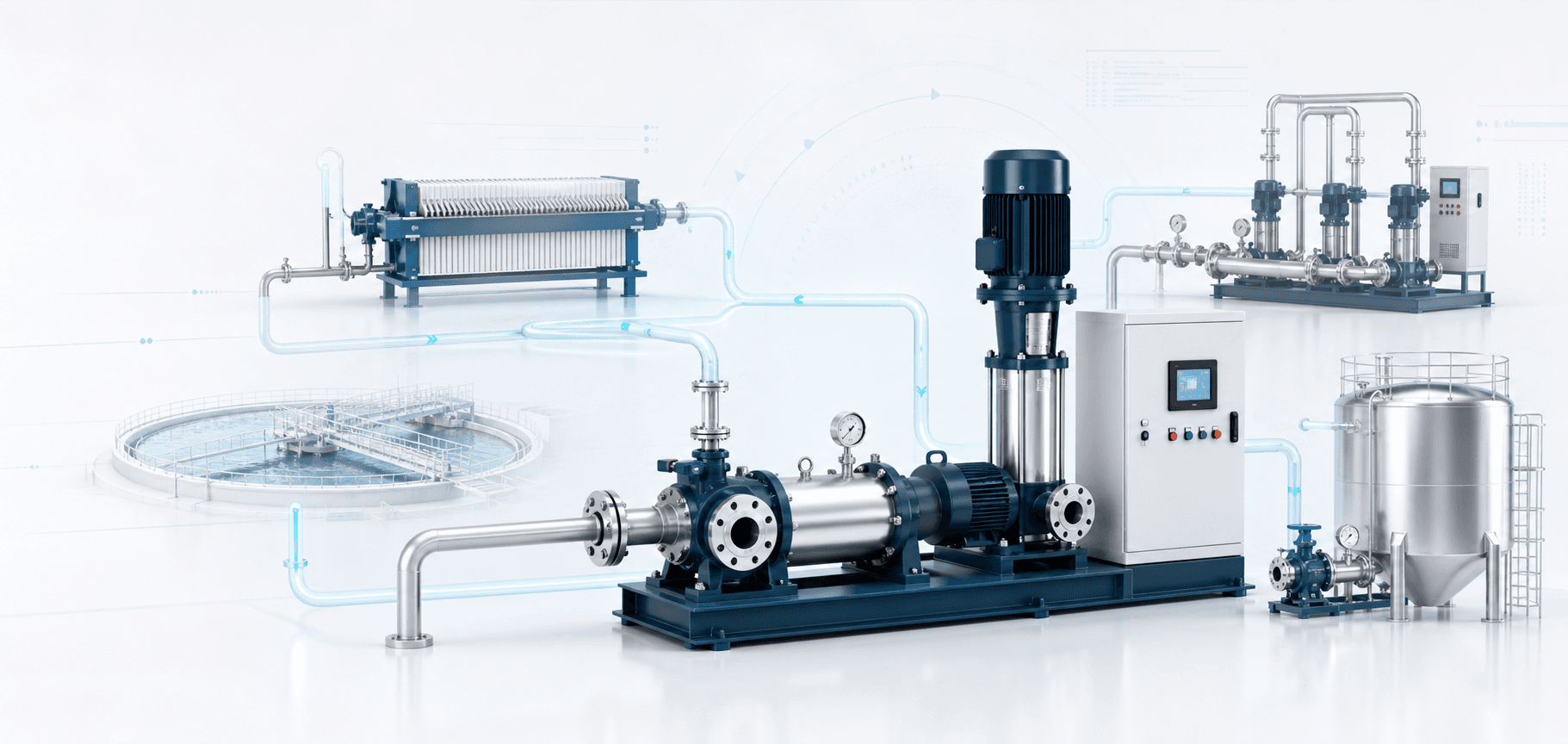 Industrial pump system connected to filtration, water treatment, and process application visuals
