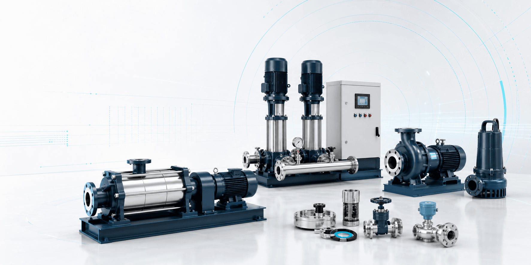 Industrial pump catalog lineup with booster pumps, process pumps, and accessories