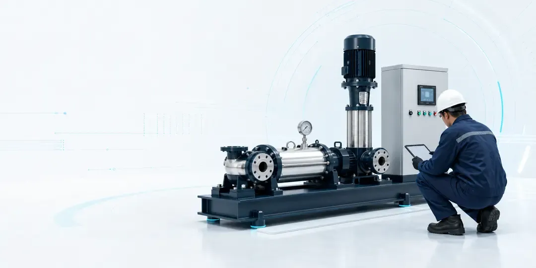Engineer reviewing a modern industrial pump system