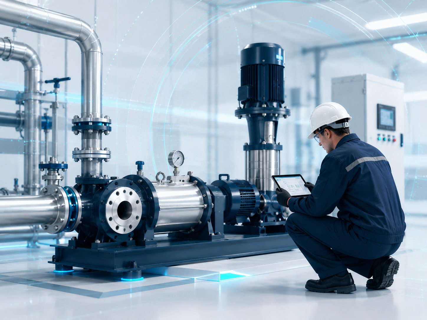 Engineer inspecting industrial pumping system