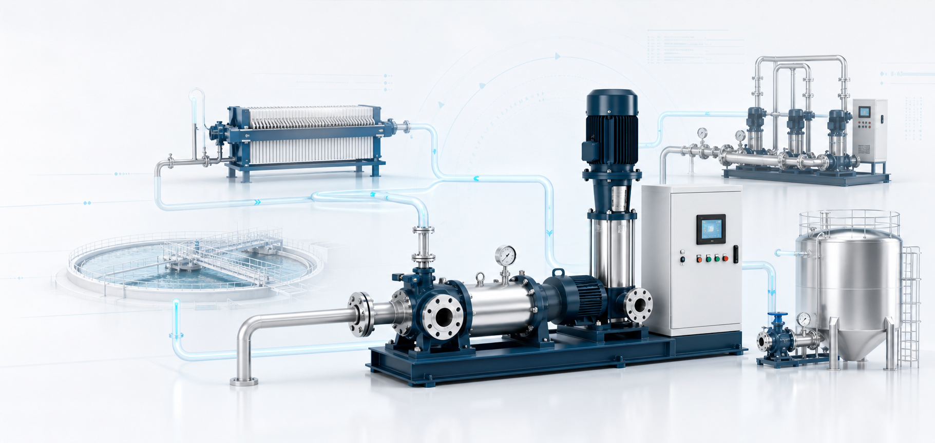 Industrial pump system connected to filtration, water treatment, and process application visuals