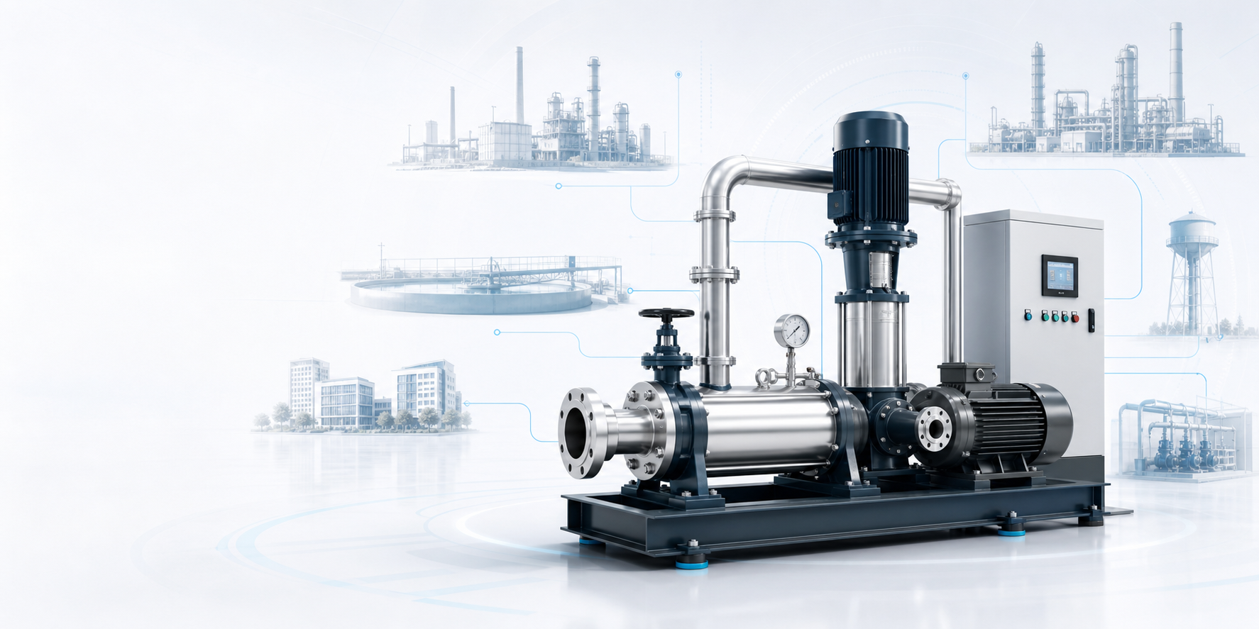 Industrial pump package connected to manufacturing, water, building, and process industry visuals